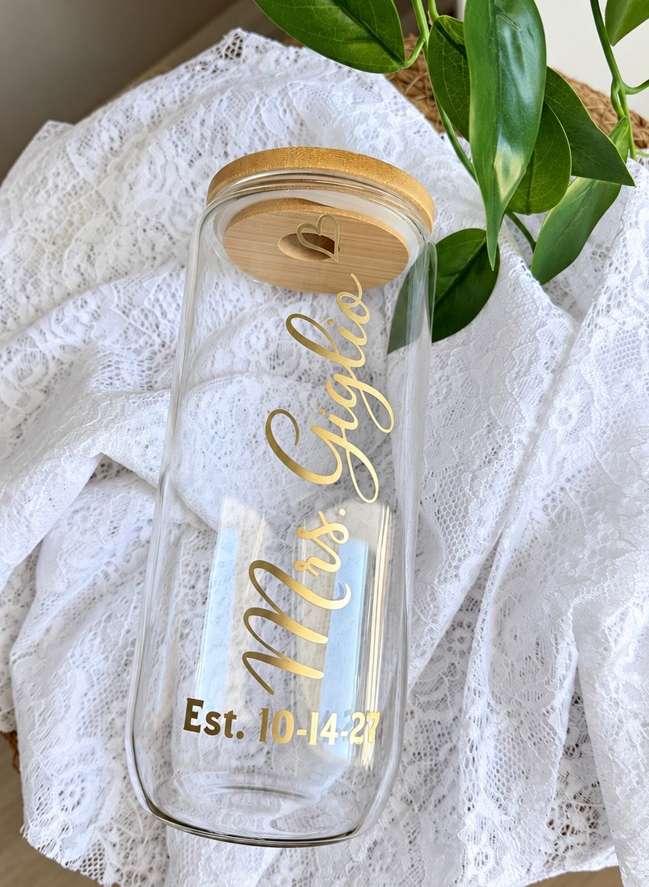 Sample: clear glass with bamboo lid, Mrs. Giglio and Est. 10-14-27 in gold vinyl