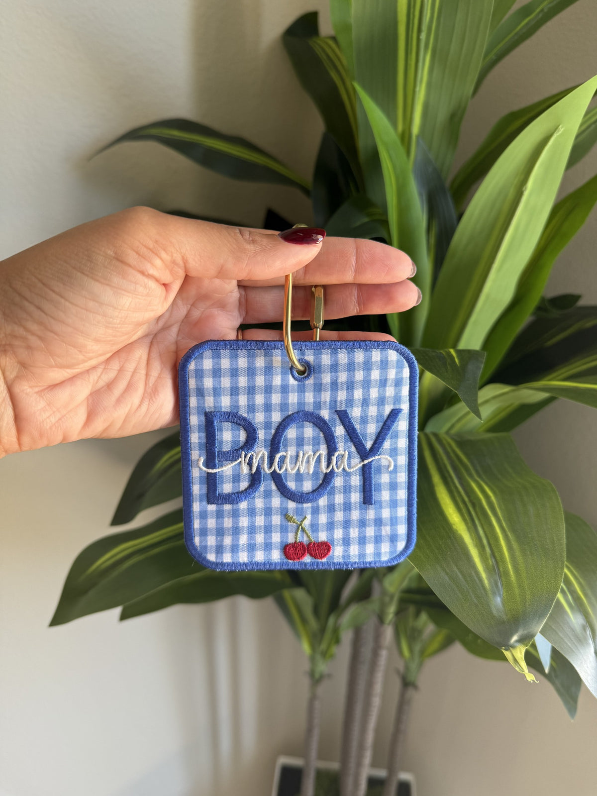 Boy Mom Bag Tag: BOY with mama in script and cherries on blue gingham