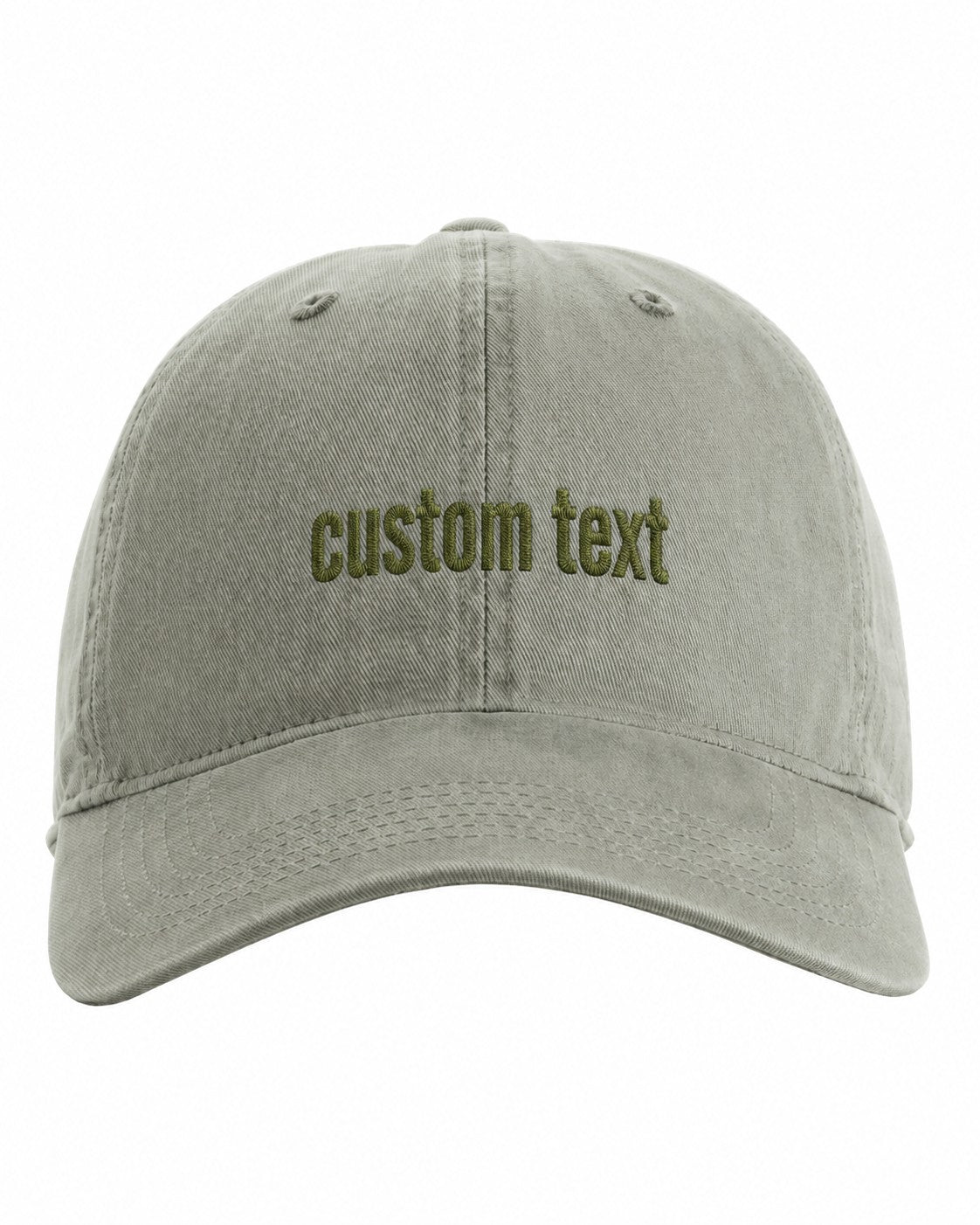 Sample: “custom text” embroidered on the front of a Sandstone Sunwashed Cap in olive thread